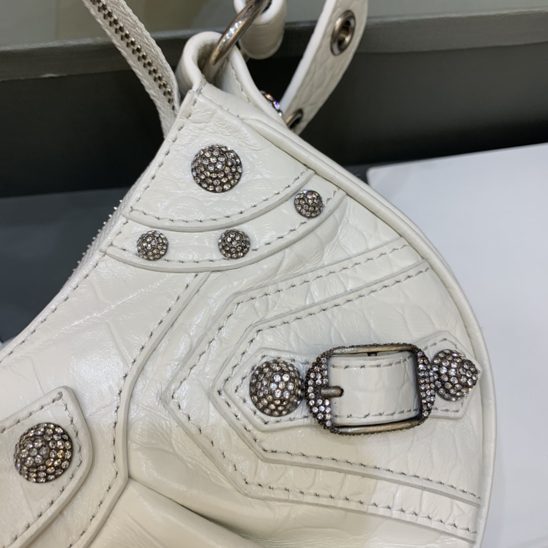 Balenciaga Le Cagole XS Shoulder Bag Crocodile Embossed Rhinestones White 